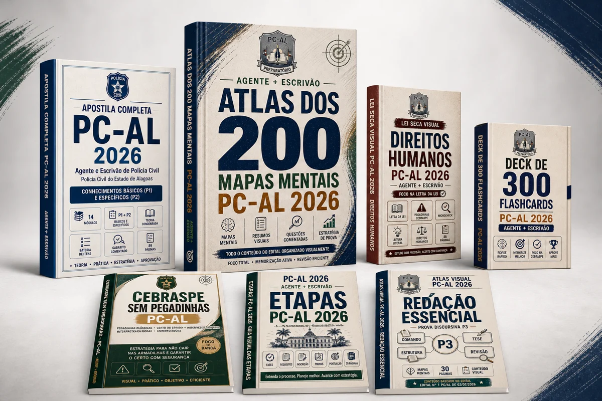 Kit Completo PC-AL 2026 com Atlas, apostila, lei seca, flashcards, redação, etapas e Cebraspe sem Pegadinhas